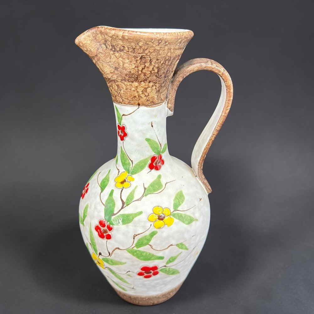 Italian Hand Painted Ceramic Floral Pitcher Vase Rustic Textured Pottery 10inch